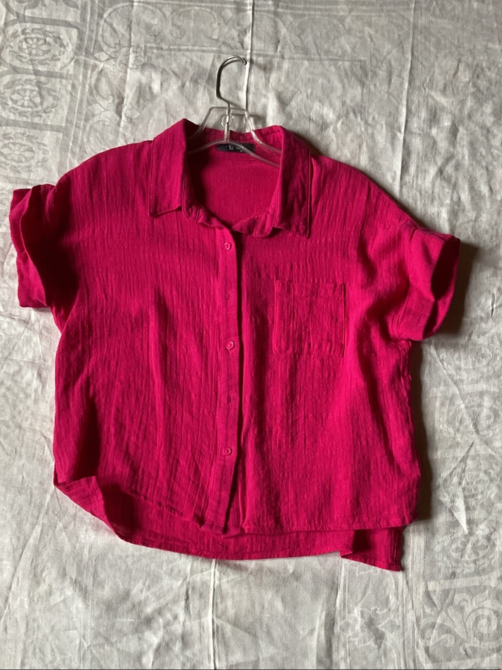 Women's Short-Sleeve Button Front Top in Bright Pink